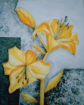 Acrylbild einer weissen Iris vot rostfarbenem Hintergrund nit goldener Schrift und goldenen Akzenten